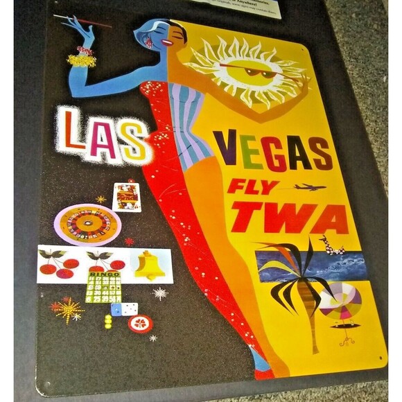 Las Vegas Fly TWA Metal Tin Sign 12"x 15" Mancave Bar Poker Garage Casino - Picture 2 of 4